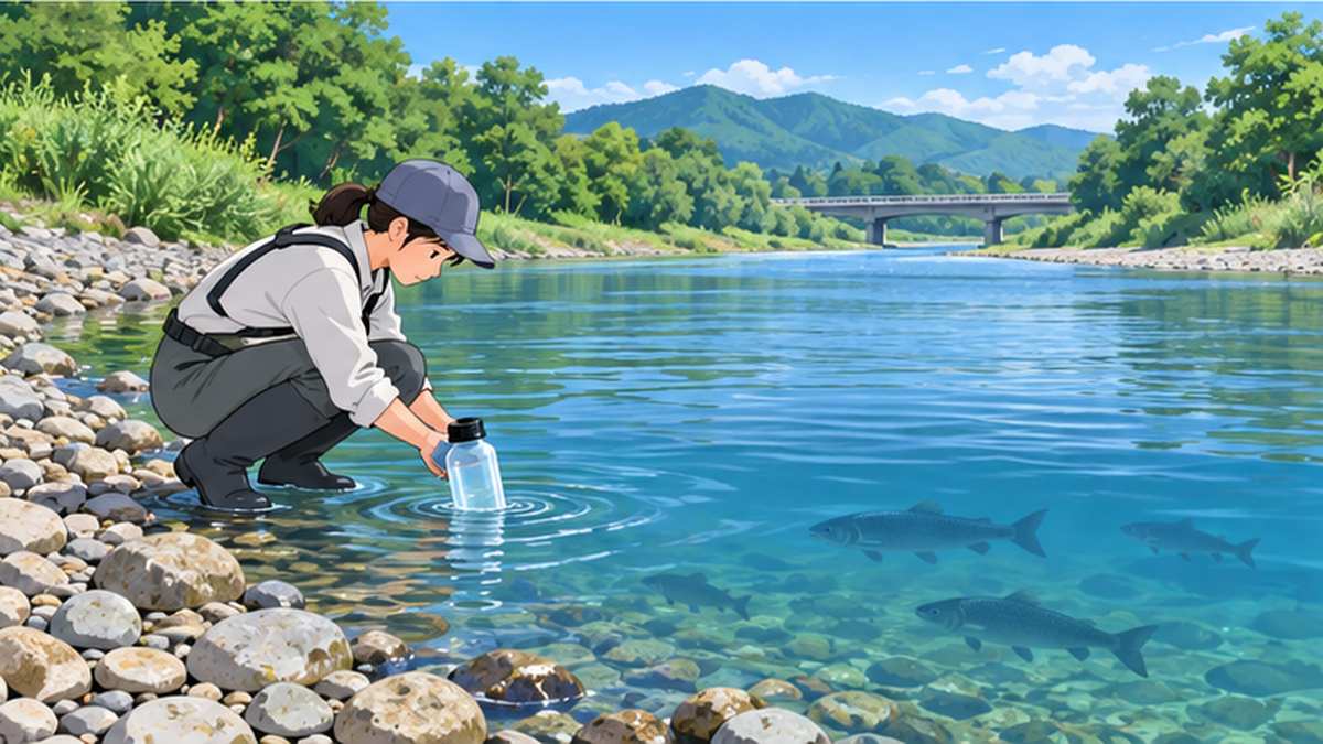 川岸で調査員が水を採取し、水中に外来魚のシルエットが透けて見える様子のイラスト