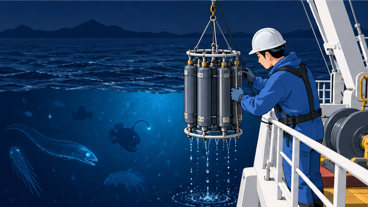 深海探査船から研究者が水を採取し、深海魚のシルエットが暗い海の中に見える様子のイラスト