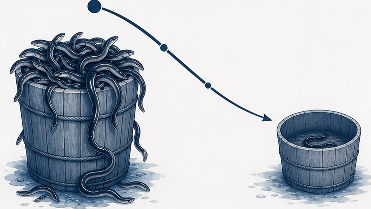 Image of a downward graph showing Japan's eel catch plunging from 3,000–4,000 tons to 52 tons over a century