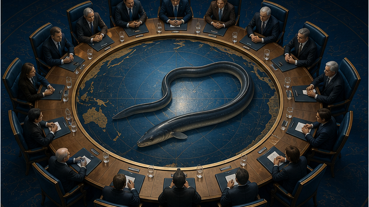 Conceptual illustration of eel trade regulation being debated at a CITES conference of the parties