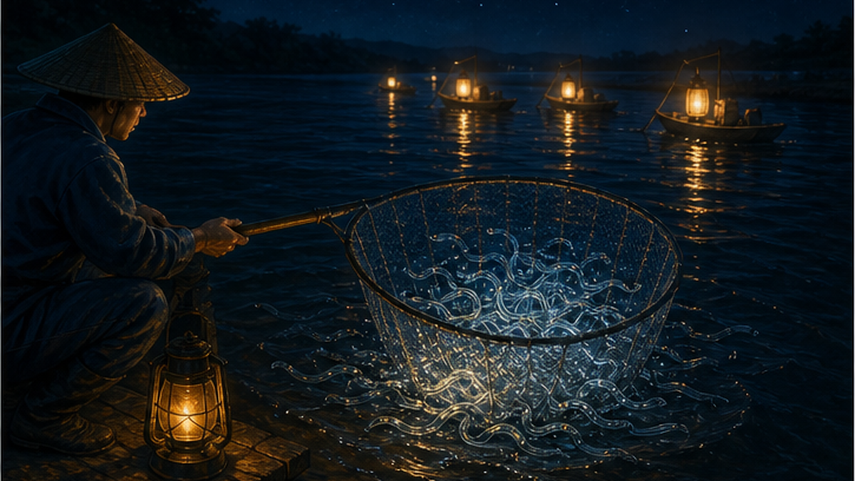 Illustration of nighttime glass eel fishing in a river and the transparent juvenile fish