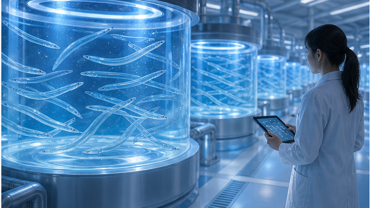Illustration of eel larvae being raised artificially in tanks at a research facility with a researcher