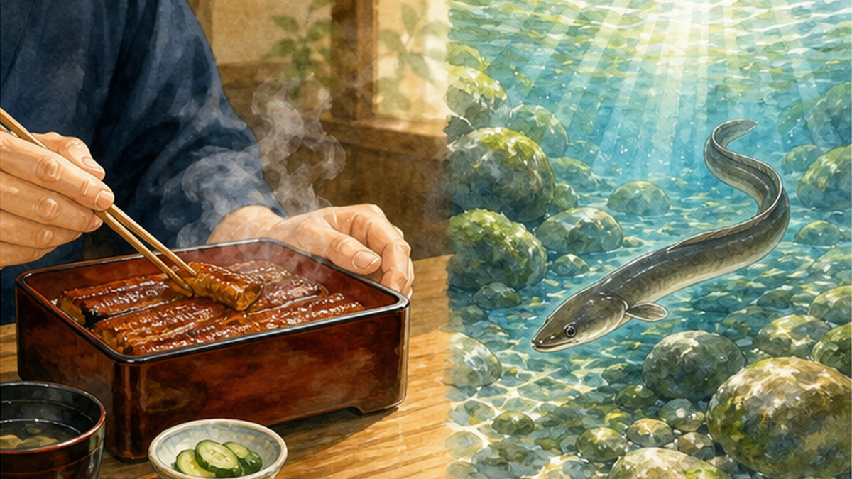 Hopeful illustration of a person savoring a bowl of grilled eel and eels swimming in a river, coexisting