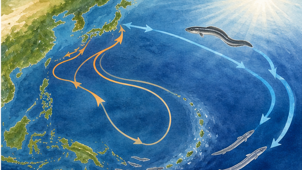 Conceptual map of the migration route: eels born west of the Mariana Islands ride ocean currents to Japanese rivers and return to the spawning grounds
