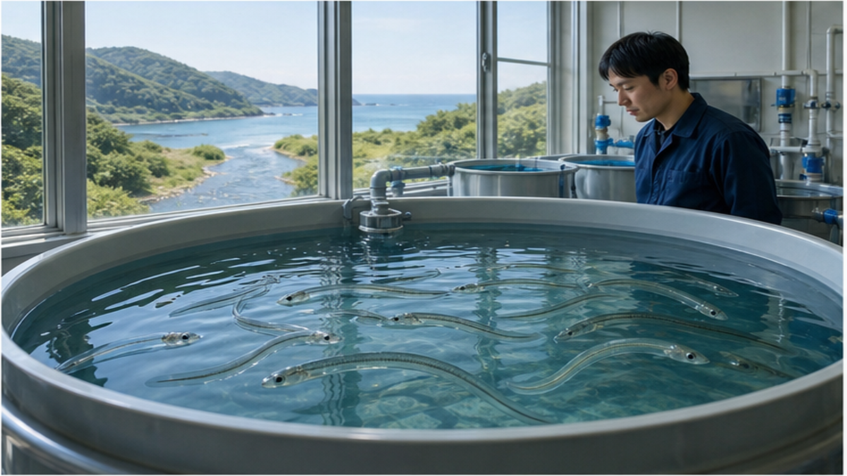 研究室の水槽で育つ人工ふ化のウナギ稚魚と、海へ続く川のイメージを重ねた図