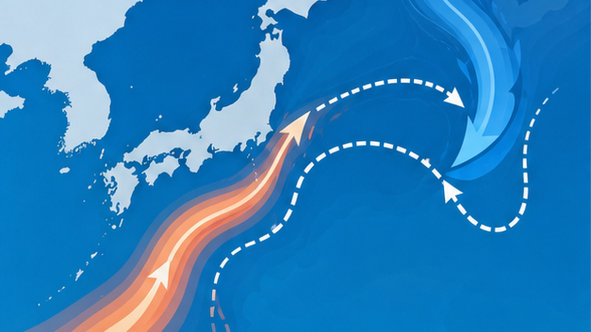 日本近海の黒潮と親潮の流れ、サンマの回遊ルートが沖合へ移動した様子を矢印で示した地図