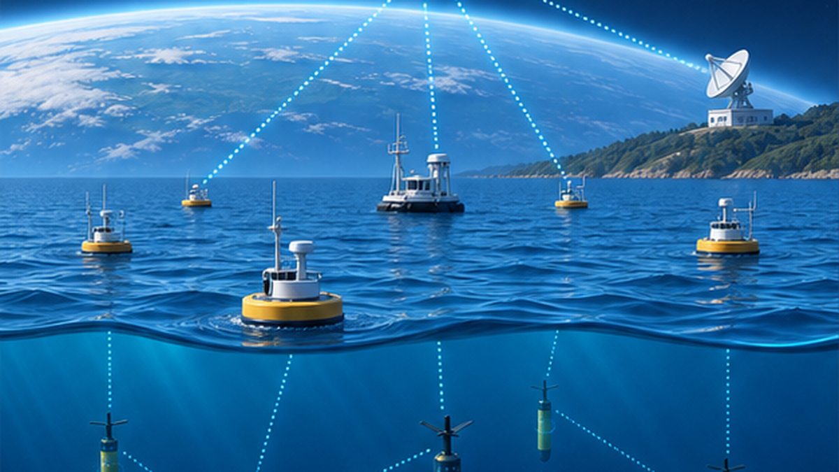 人工衛星が宇宙から海面水温を観測し、海には観測ブイや漂流フロートが浮かんでデータを送る海洋監視システムのイメージ図