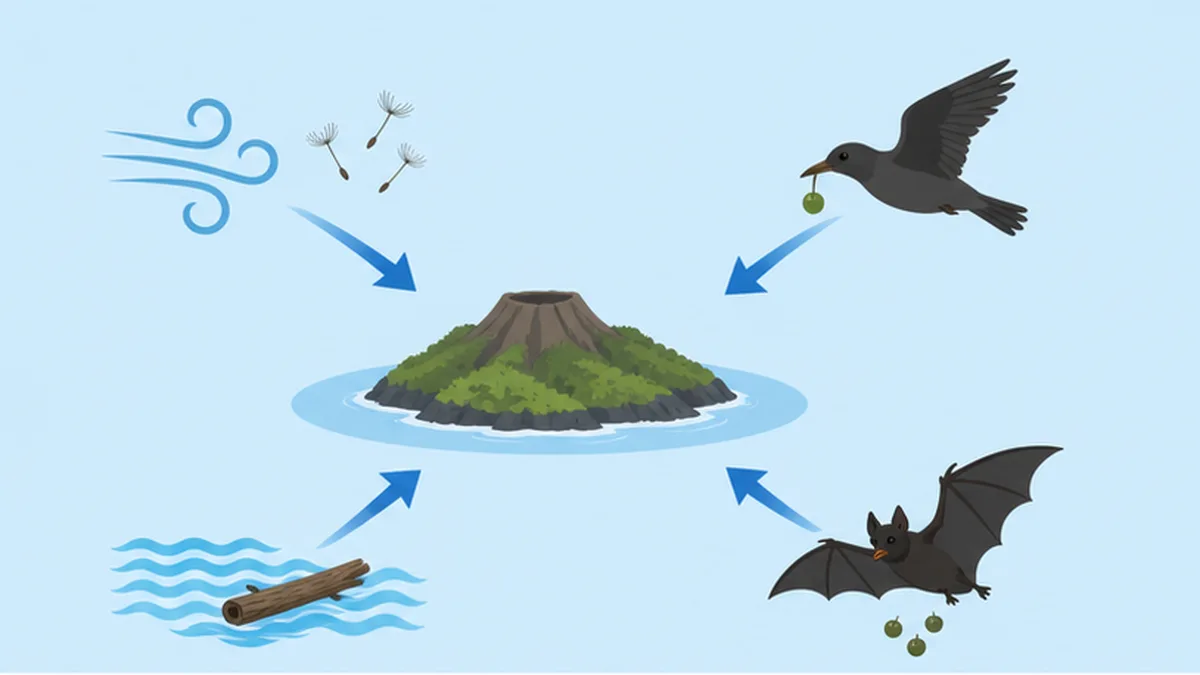 海洋島に生物がたどり着く4つの経路を示した図解