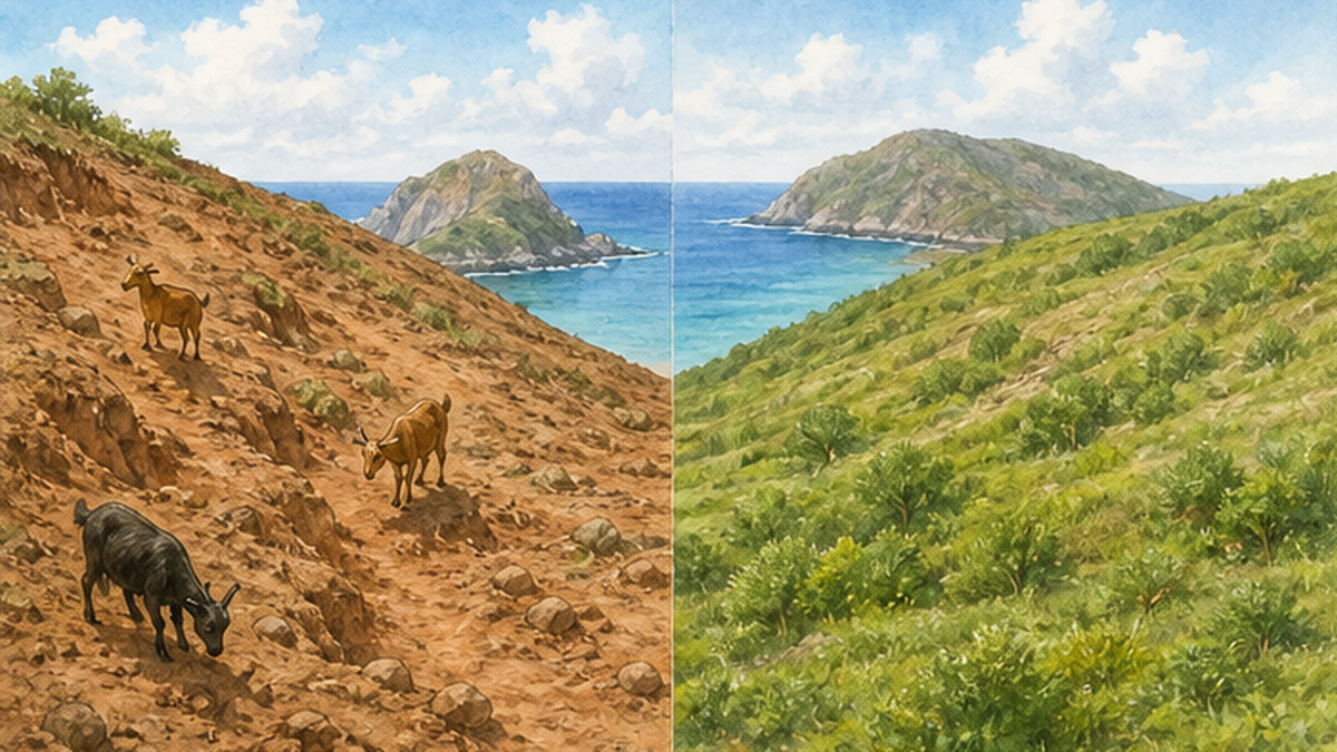 清除野化山羊后岛屿植被逐渐恢复的变化示意