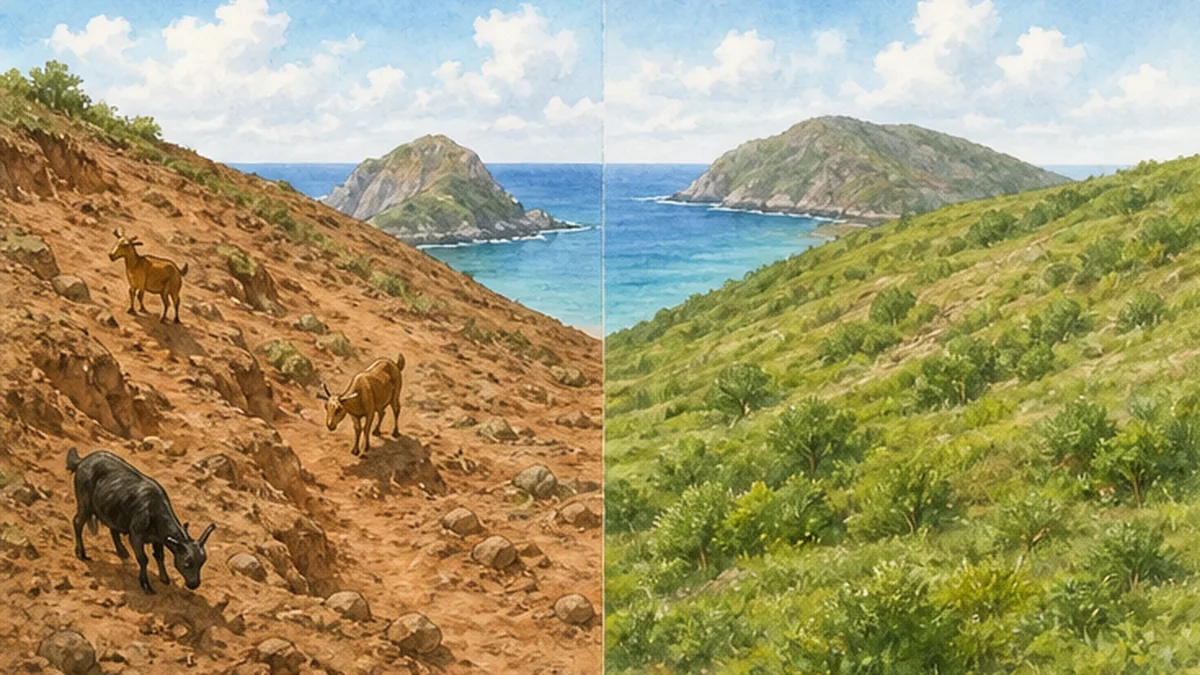 ノヤギ排除後に植生が回復していく島の変化イメージ
