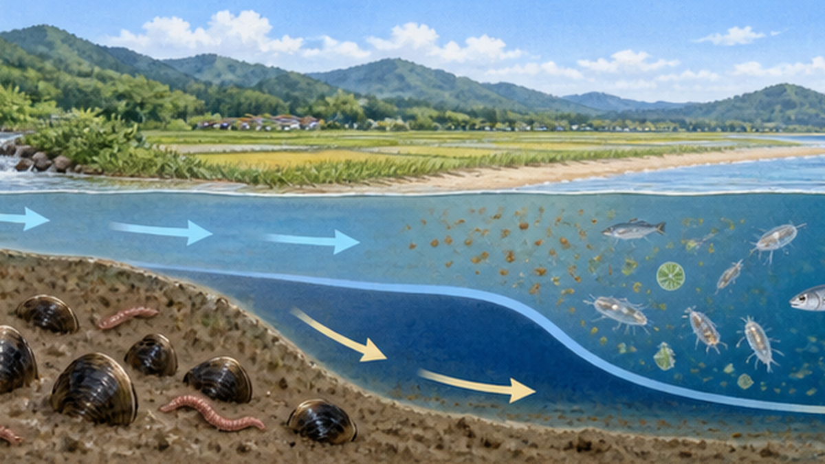 川から運ばれた栄養が河口の泥と水中で生きものに取り込まれていく流れの模式図