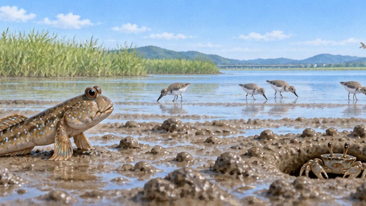 干潟の泥の上で胸びれを使って体を支えるトビハゼと、巣穴、カニ、遠くの渡り鳥