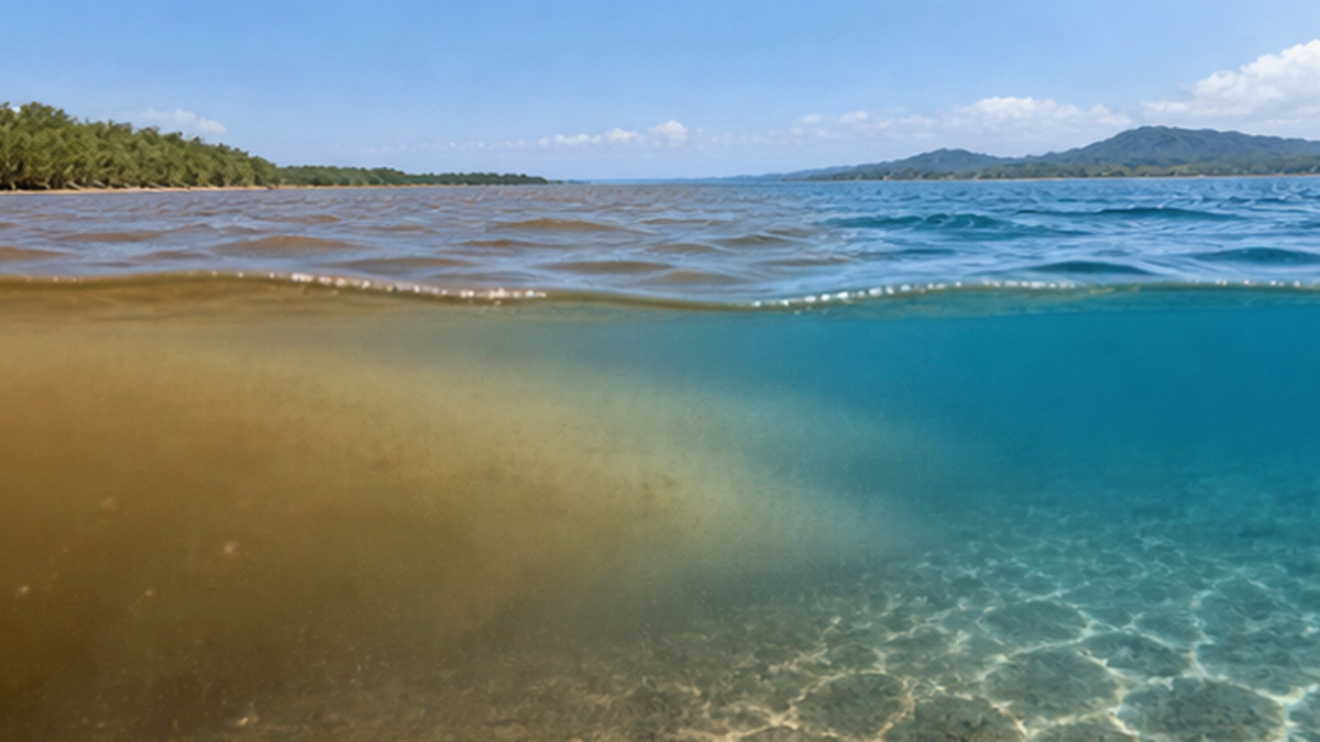 河口の水面で淡水と海水が混じり合う様子を示す模式的な写真