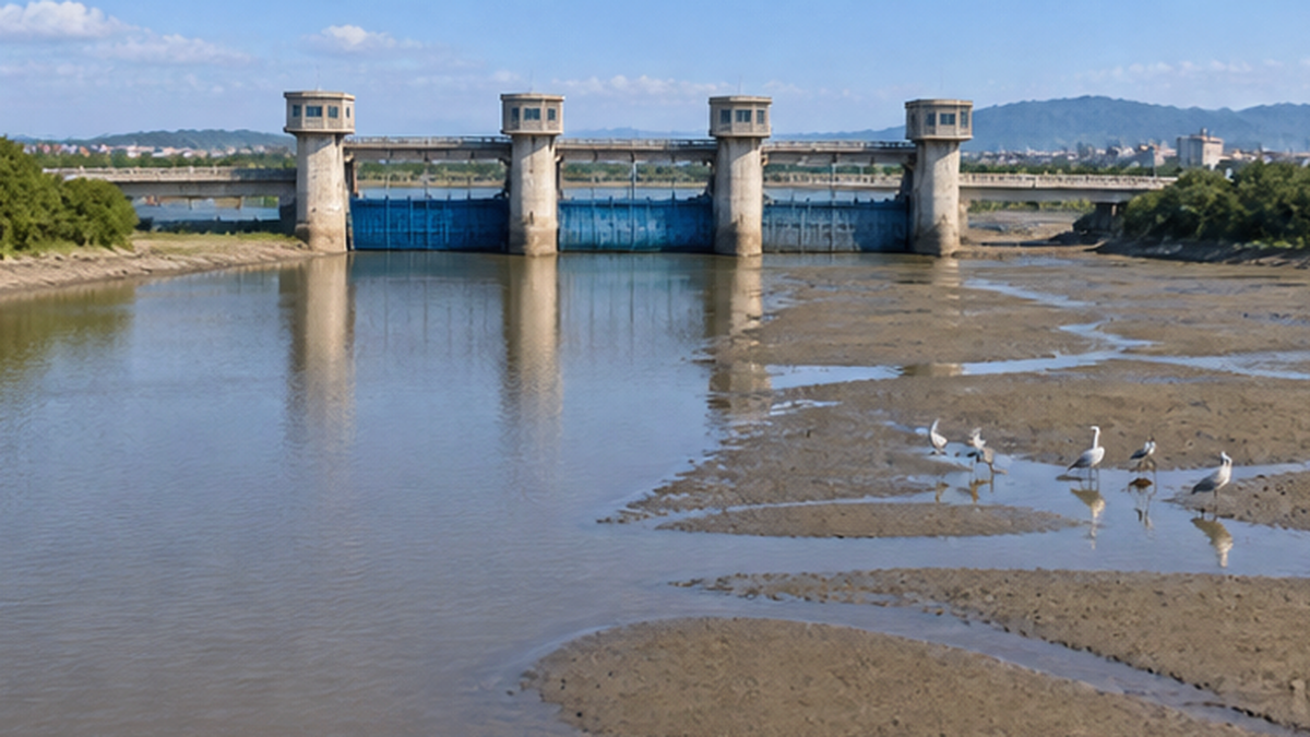 河口に建設された堰と、その下流に広がる干潟の対比を示す写真風イラスト