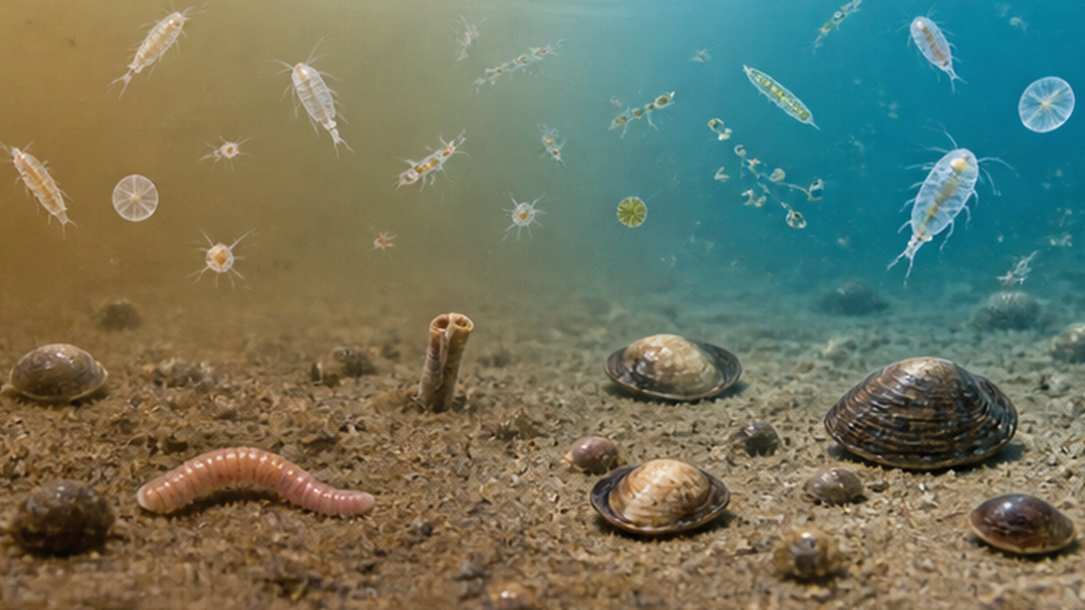 顕微鏡で見た汽水域の微生物や底生生物のイメージ