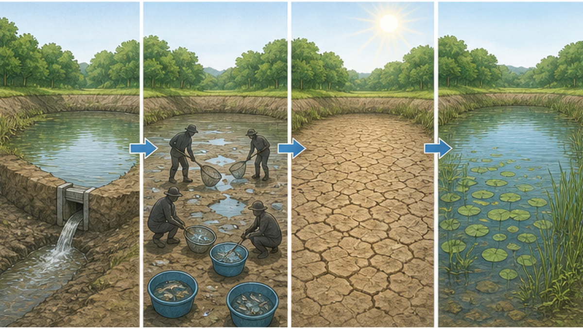 かいぼりの工程を示す4コマの図。水を抜く、魚を選別する、池底を干す、水を戻す