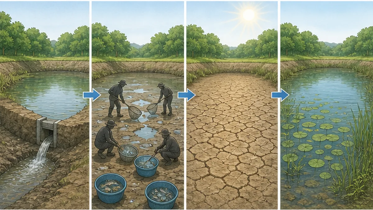 かいぼりの工程を示す4コマの図。水を抜く、魚を選別する、池底を干す、水を戻す