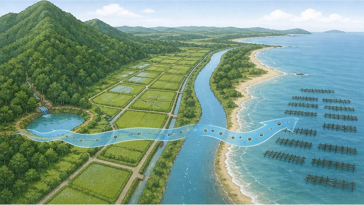 山からため池、水田、川を経て海のノリ養殖場まで水と栄養がつながる流域の図