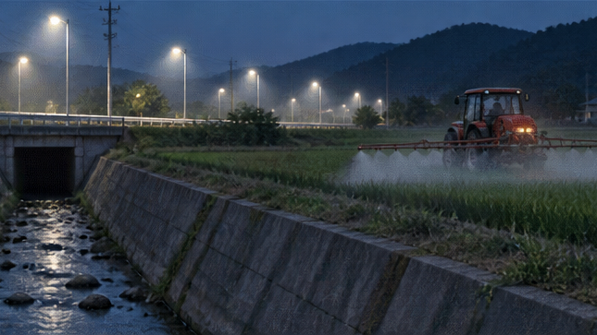 コンクリート護岸化された水路と、農薬散布、夜間の街灯によってホタルの生息環境が失われていく様子を示したイラスト