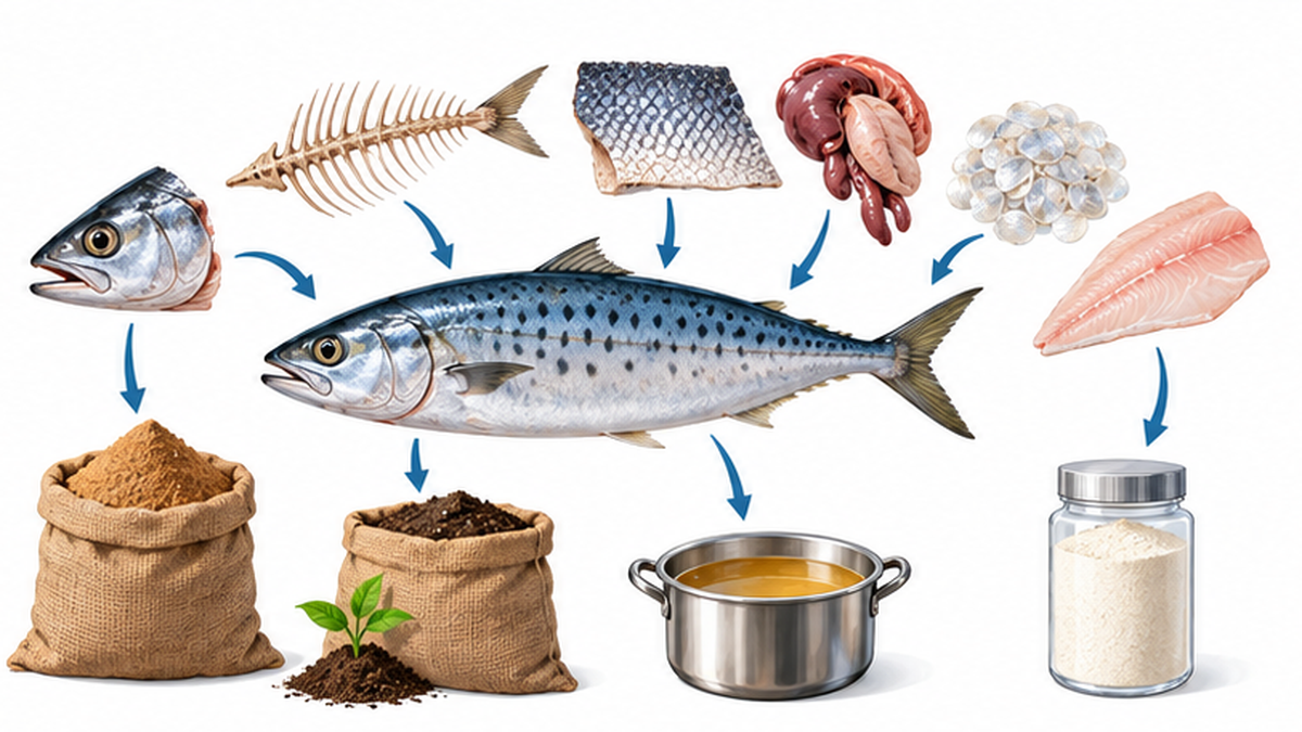 Diagram showing a single fish divided into head, bones, skin, viscera and edible parts, each heading to a different use