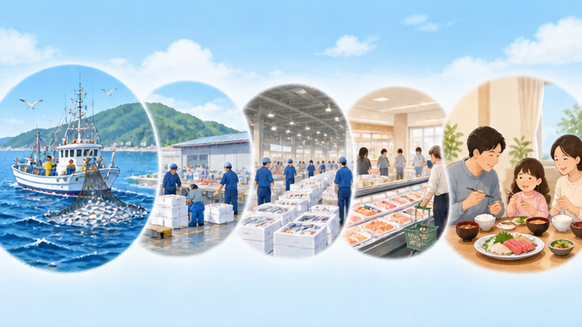 漁獲から食卓までの流れと、各段階で魚が失われるポイントを示した図