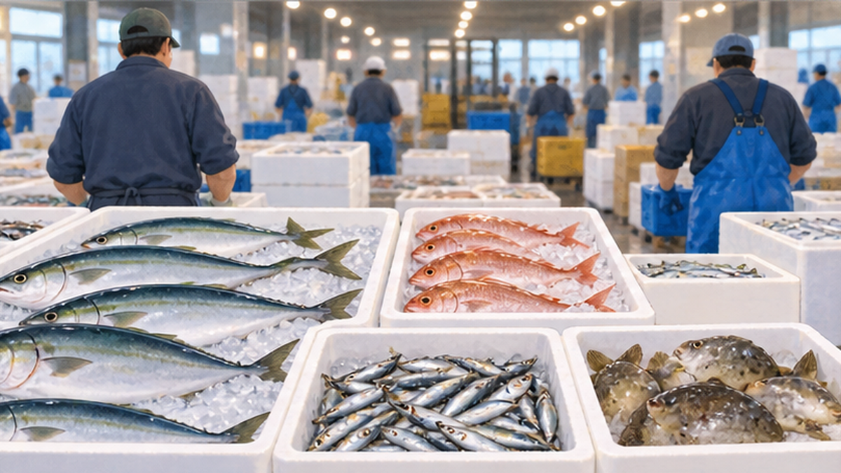 市場の仲卸の売り場に並ぶ魚と、規格外として脇に置かれた魚のイメージ