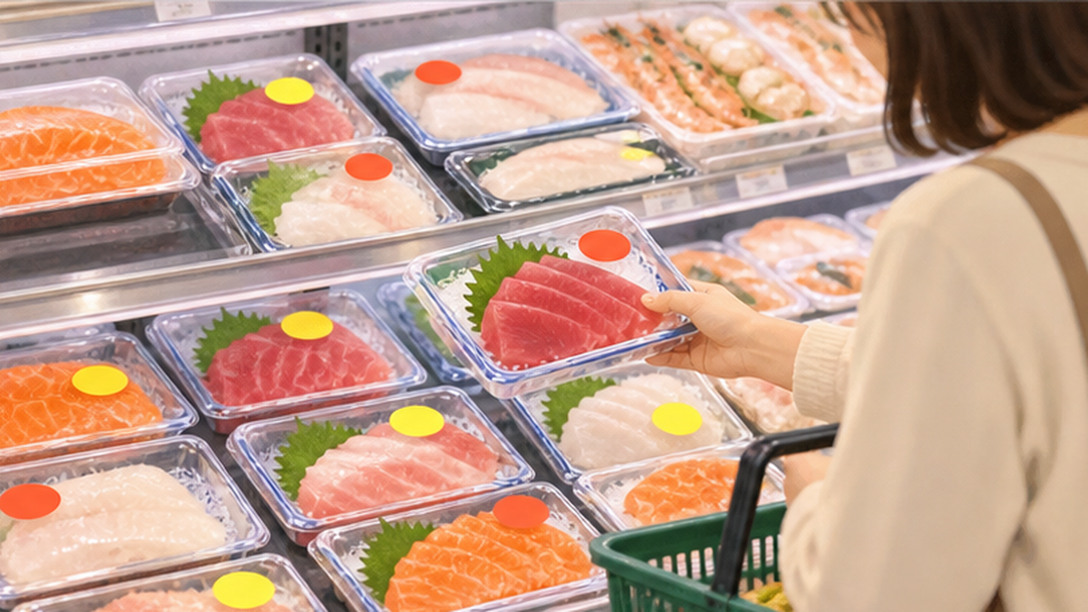 夕方のスーパーの鮮魚売り場で値引きシールが貼られた魚のパック