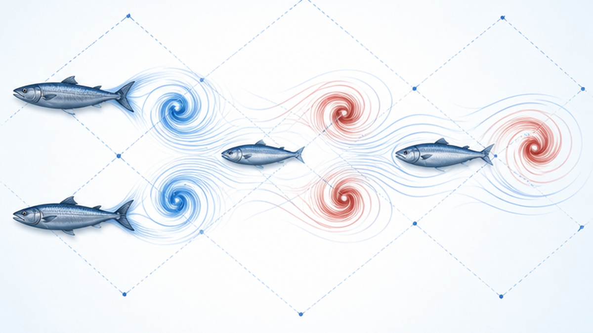 魚の後ろにできる渦の列と、その中間に位置取りして省エネする後続の魚を示す流体力学の図解