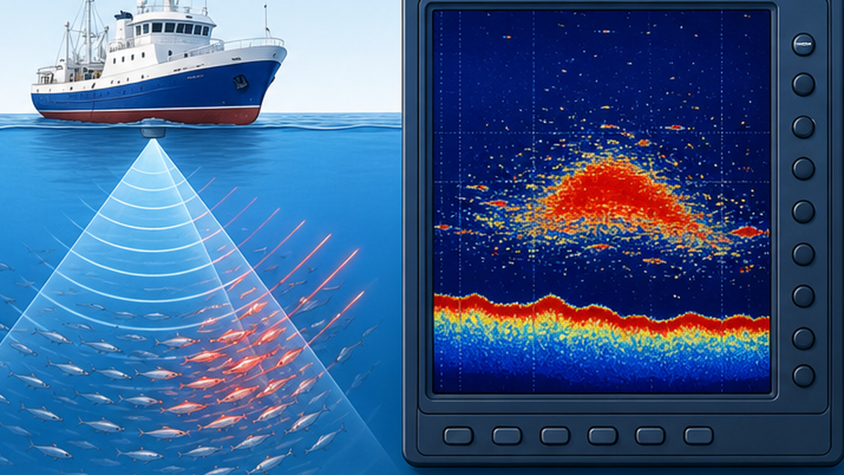 調査船から発射された超音波が水中の魚群に反射し、探知機の画面に群れの塊として映る様子の図解