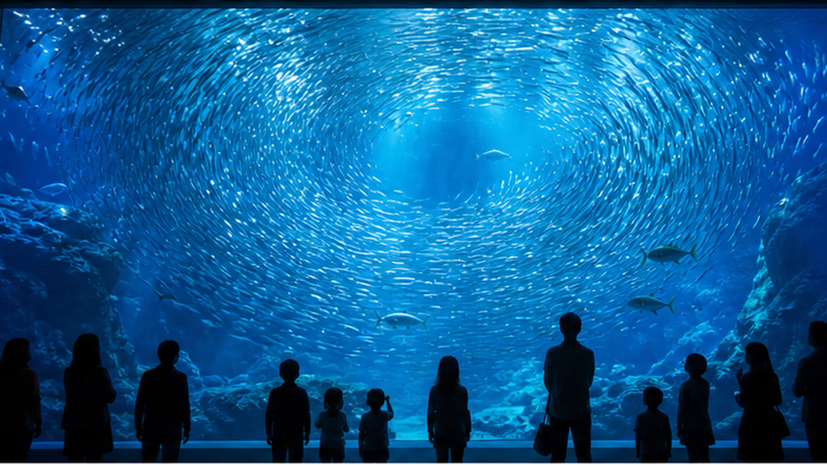 水族館の大水槽で渦を巻くイワシの群れを、子どもと大人が見上げている様子