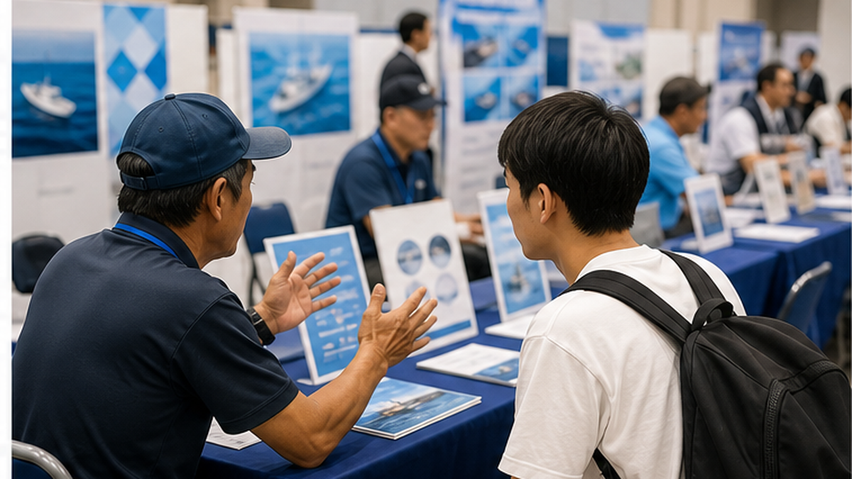漁業就業支援フェアの会場で漁業者から話を聞く来場者のイメージ