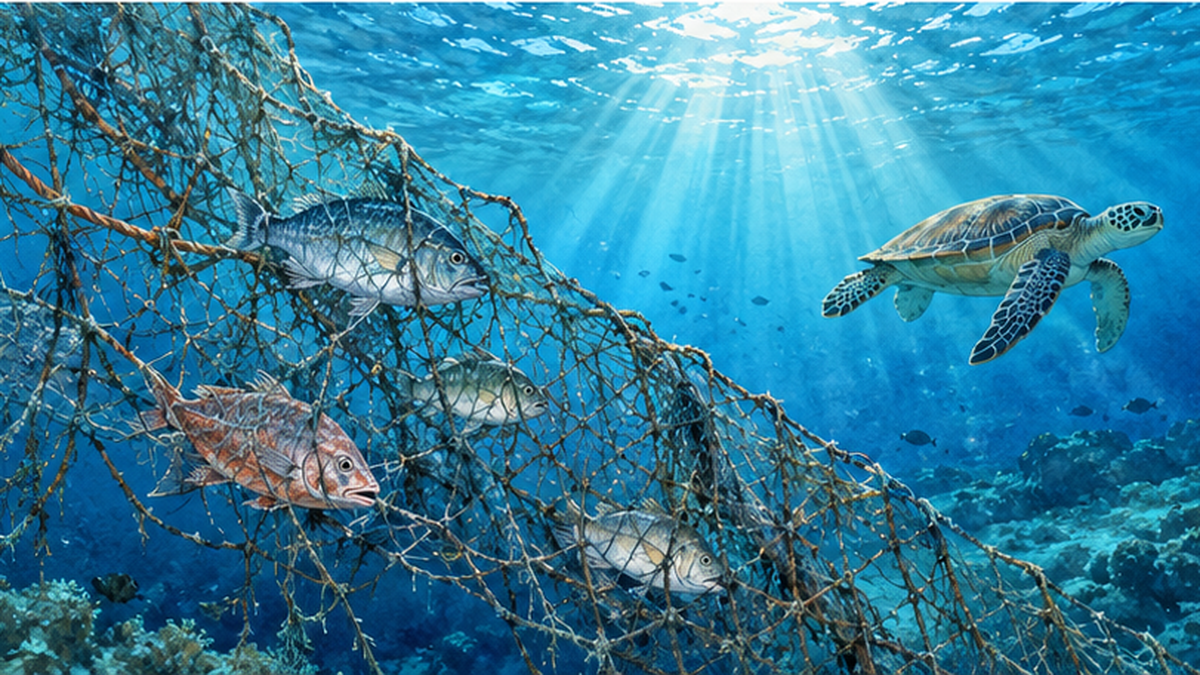 展示海中漂浮的废渔网以及靠近的鱼和海龟的示意图