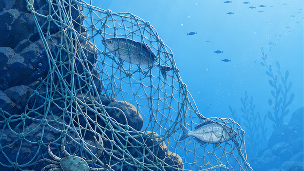 海底の岩礁に絡みついた古い漁網とそこに捕らわれた魚のイラスト