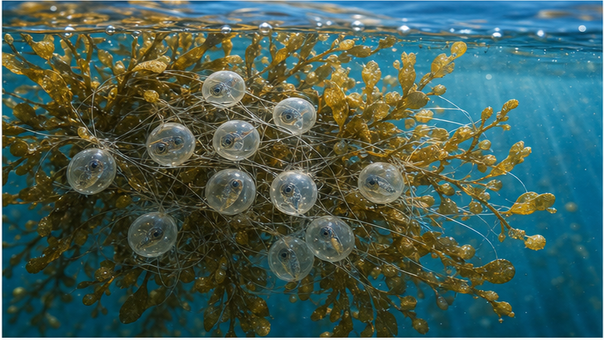 流れ藻に絡みついたトビウオの卵の拡大図