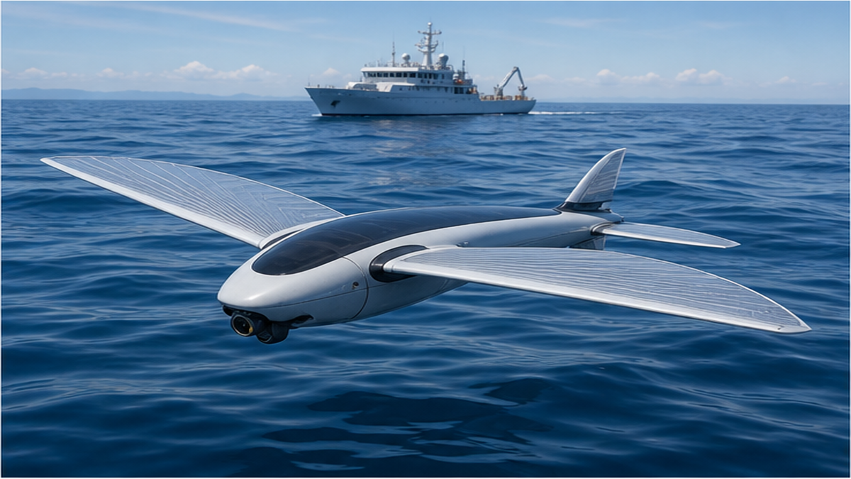 トビウオの形状を参考にした水面近くを飛ぶ小型無人機のイメージ
