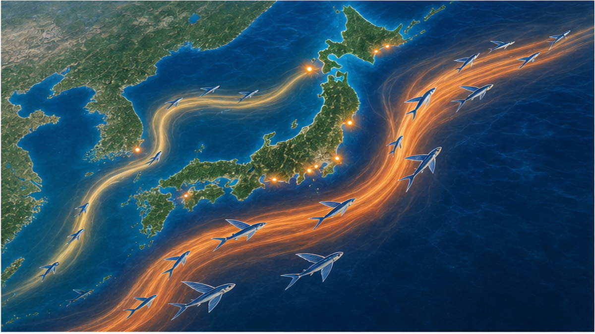 黒潮に沿って北上するトビウオの回遊と主な産地を示した日本地図