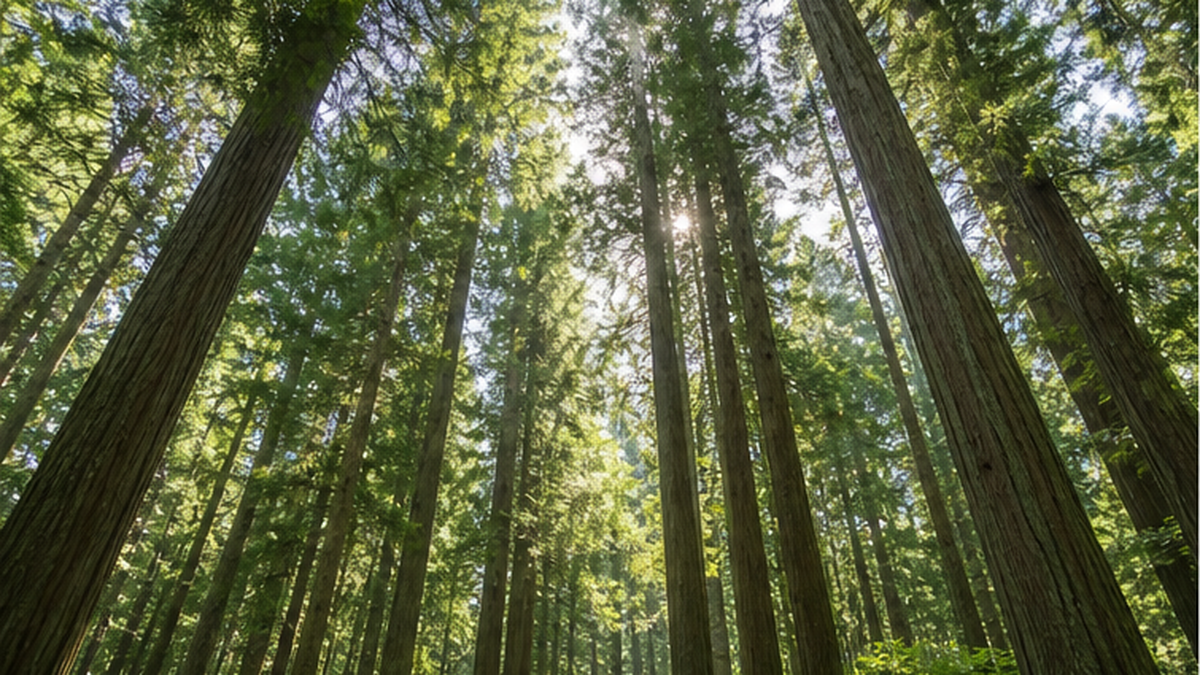 Looking up through a forest of Japanese cedar and cypress trees, with sunlight filtering through the leaves