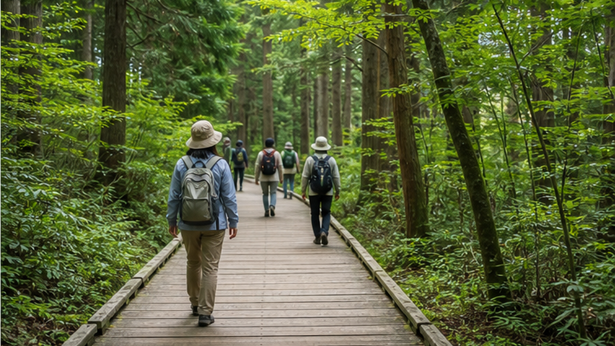 A group of people walking along a well-maintained forest trail, seen from behind