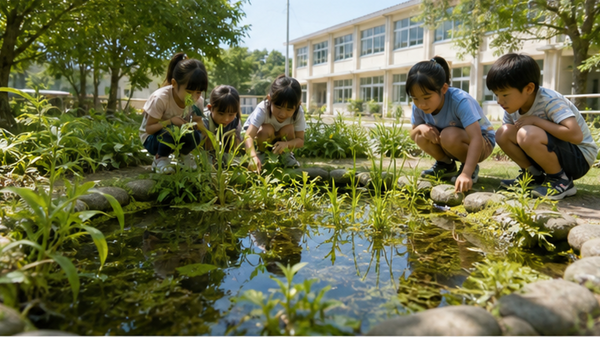 孩子们在学校生物栖息地池塘中观察青鳉的场景