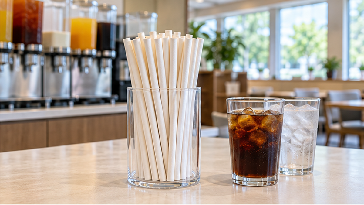 Paper straws lined up at a restaurant drink bar