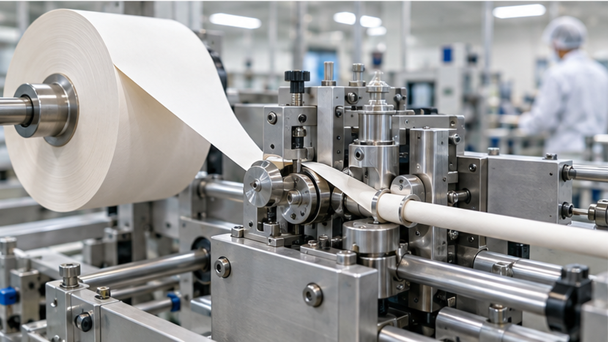 Paper being rolled into tubes on a paper straw manufacturing line