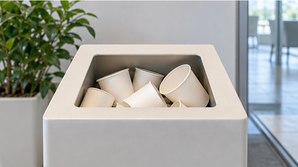 Used paper cups being placed in a sorted collection box