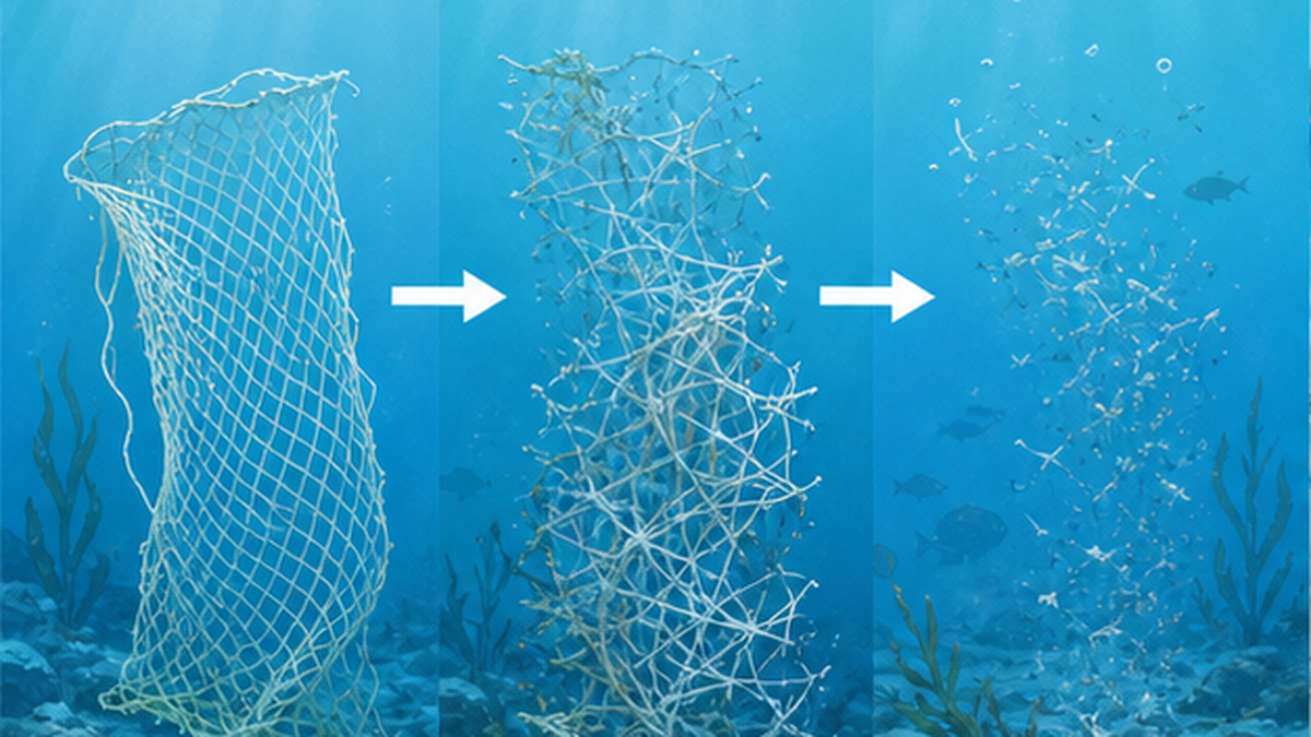 海の中で漁網が時間とともに分解して消えていく様子を段階的に示したフラットな図解