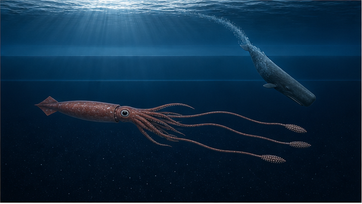 海の深さごとの層とダイオウイカの生息深度を示した断面図
