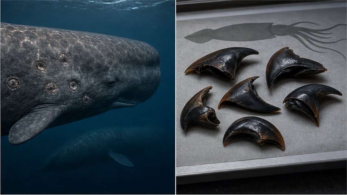 マッコウクジラの体に残る円形の吸盤痕と、胃から見つかるイカのクチバシを示した図解