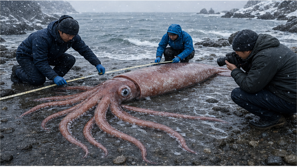 冬の日本海の海岸に打ち上げられたダイオウイカと、それを調査する研究者のイメージ