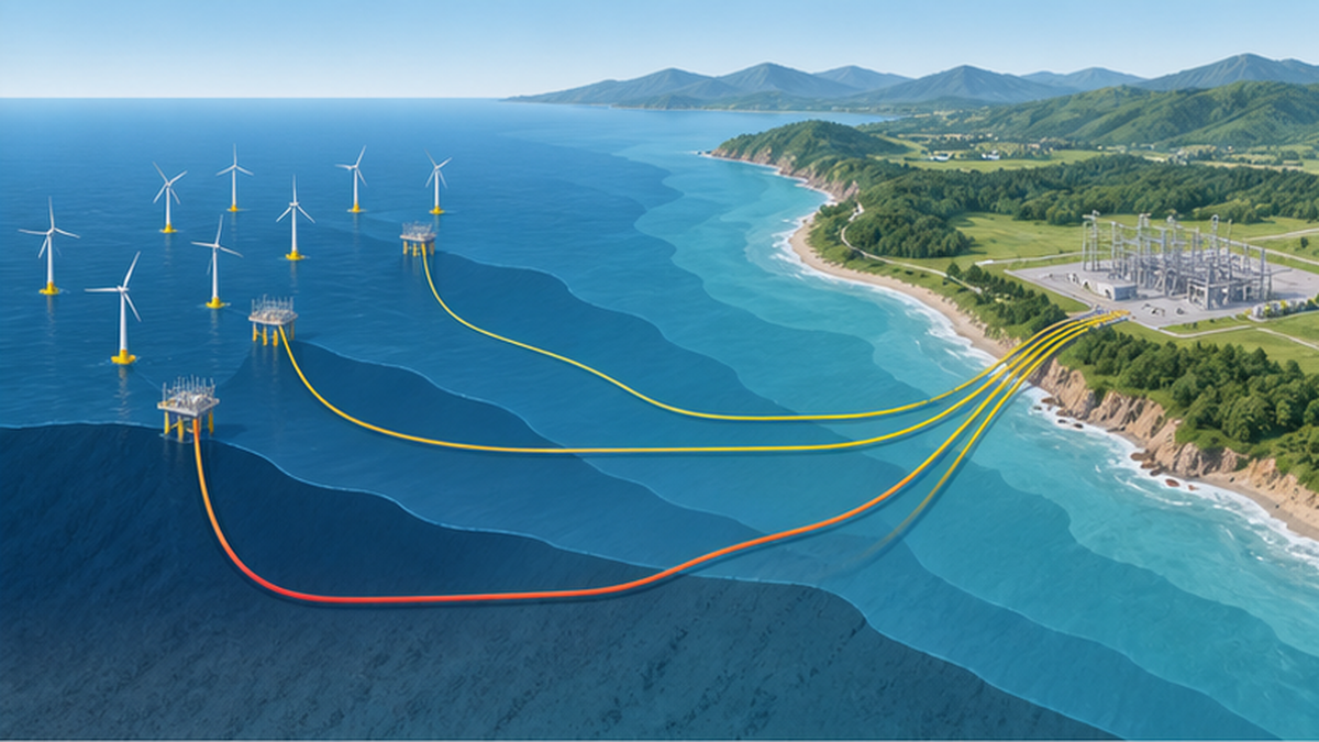洋上風力発電の風車と海底ケーブル、送電が困難な海域を示す模式図