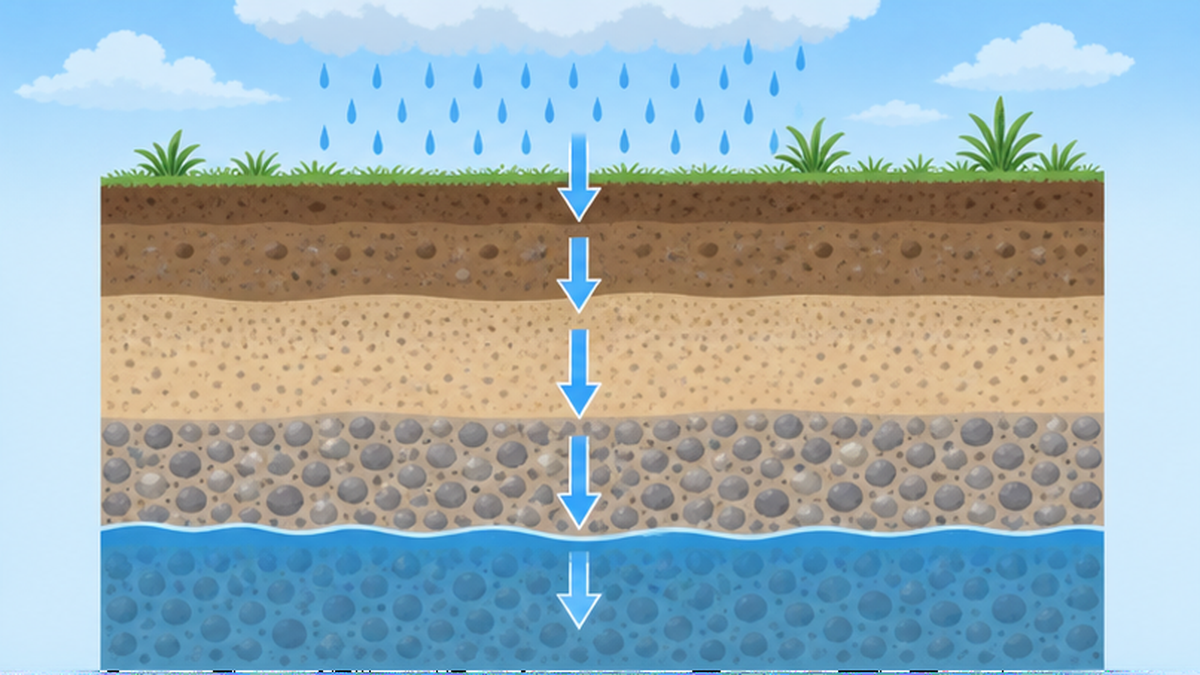 雨水が土壌層を通って帯水層に浸透する断面図