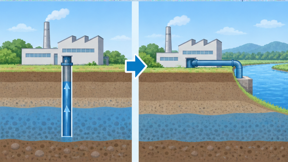 工場の地下水揚水から代替の表流水利用への転換を示すイラスト
