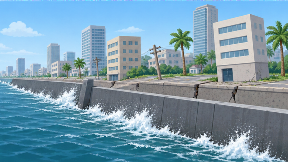 海抜が低くなった沿岸都市に防潮堤が築かれている様子